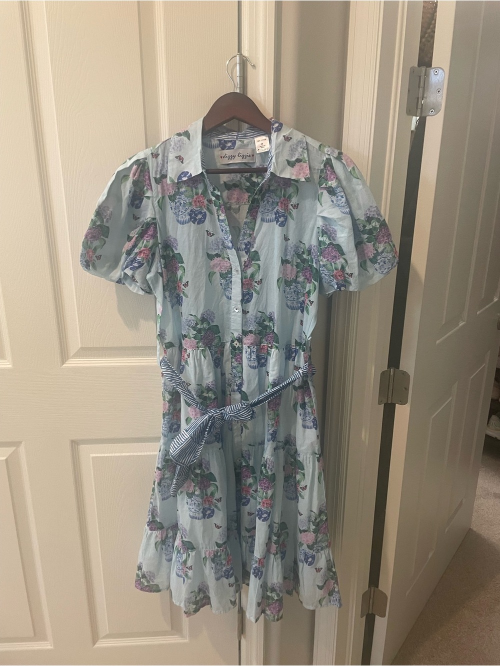 Dizzy Lizzie Blue Floral Midi Dress with Tie Waist